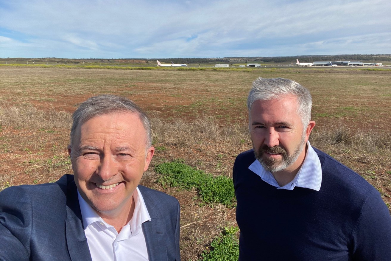 Federal Opposition leader Anthony Albanese and Queensland Senator Anthony Chisholm at Wellcamp airport in Toowoomba on Monday. (Twitter)