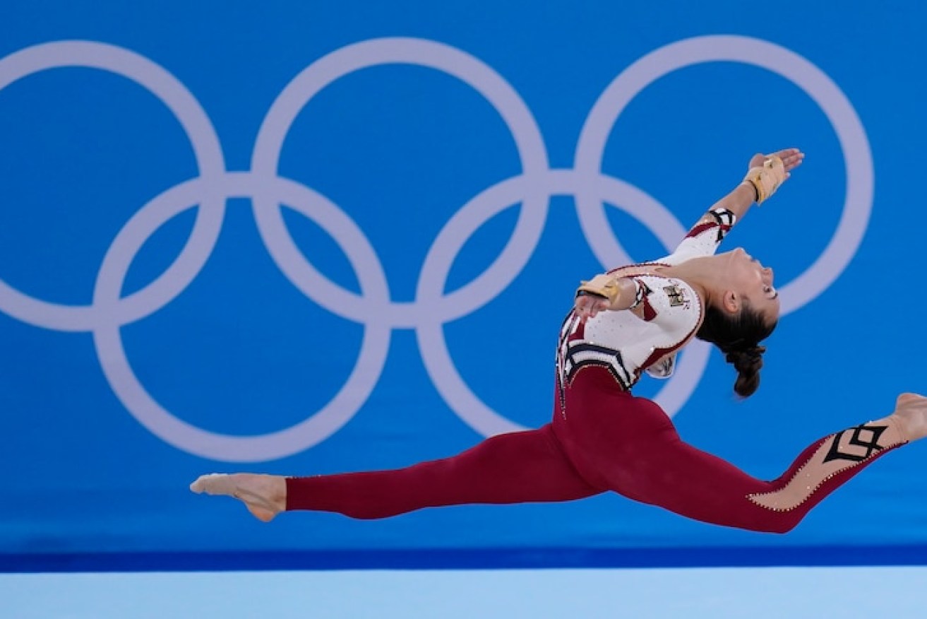 Germany's Pauline Schaefer-Betz performs her floor exercise routine in the team's new unitard. (AP: Gregory Bull)