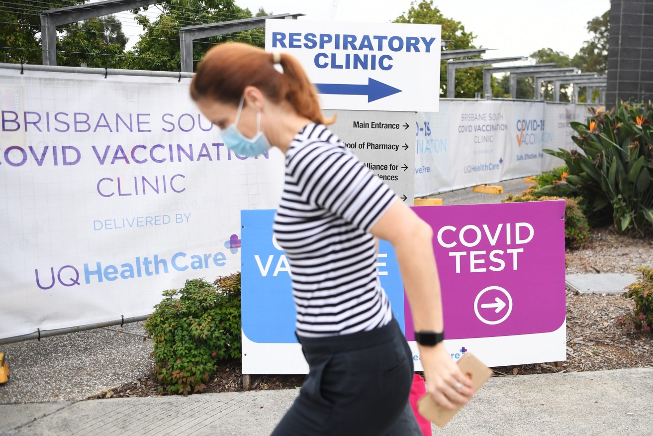 The entrance to a Covid-19 testing and vaccination clinic in Brisbane. (AAP Image/Dan Peled)