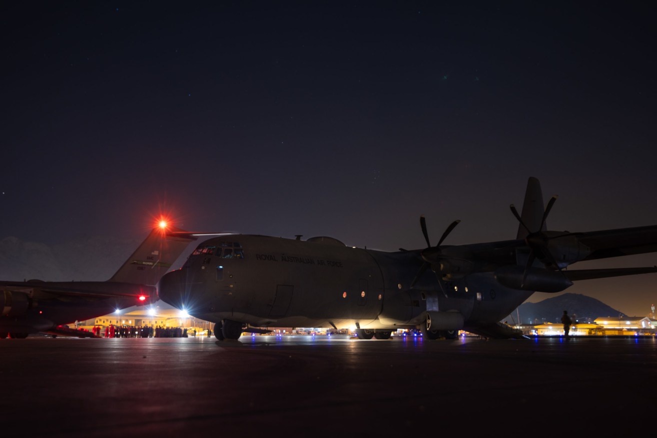 A supplied image obtained on Wednesday, August 18, 2021, of The first Australian Defence Force evacuation flight which has departed Kabul with 26 persons on board. A RAAF C-130 Hercules has successfully evacuated 26 people from Kabul airport, which was engulfed in chaos earlier in the week. (AAP Image/Supplied by Australian Defence Force) NO ARCHIVING, EDITORIAL USE ONLY