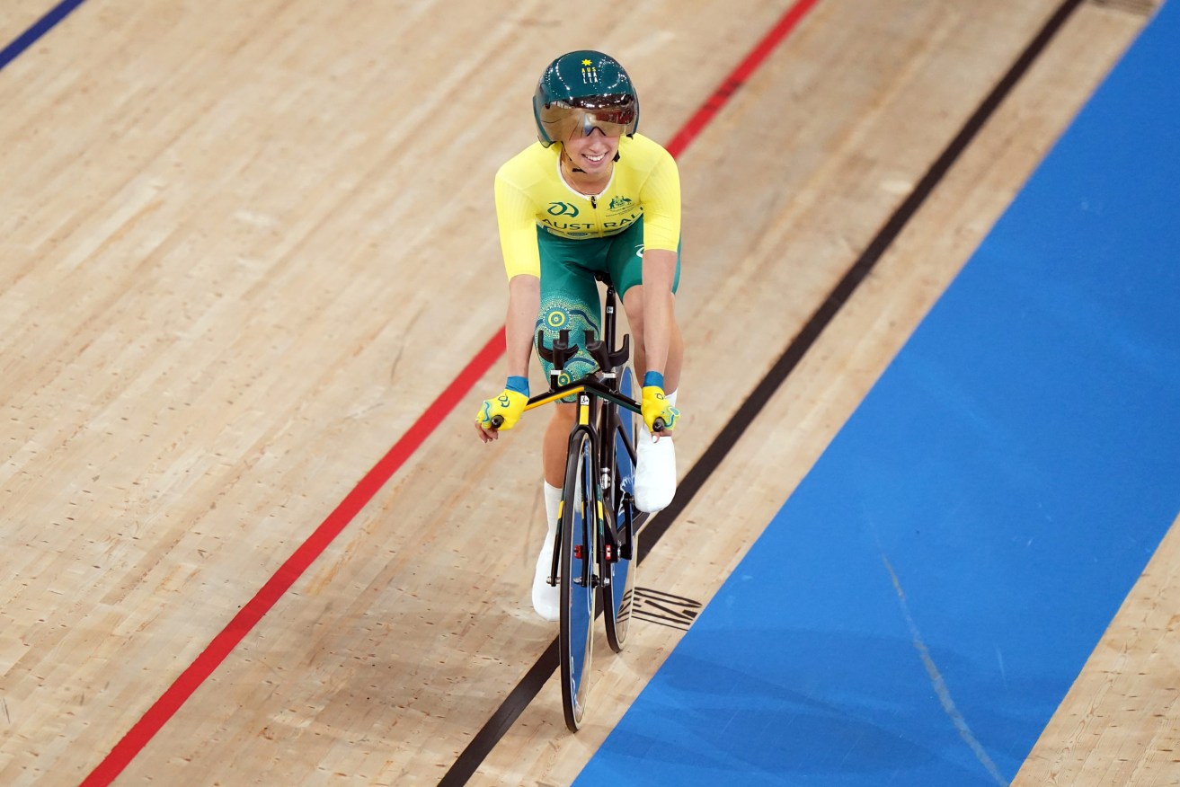 Australia’s Paige Greco celebrates winning Gold in the Women's C1-3 3000m Individual Pursuit don day one of the Tokyo 2020 Paralympic Games in Japan. (Tim Goode/PA Wire) 