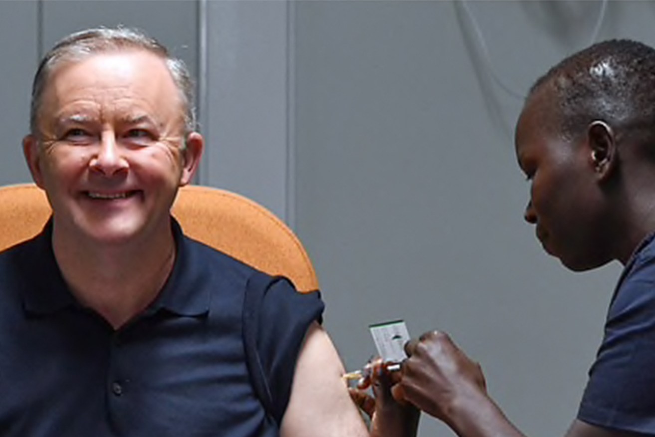 Leader of the Opposition Anthony Albanese receives his COVID-19 vaccine injection in Canberra on Tuesday, 23 February, 2021. (Image: AAP)