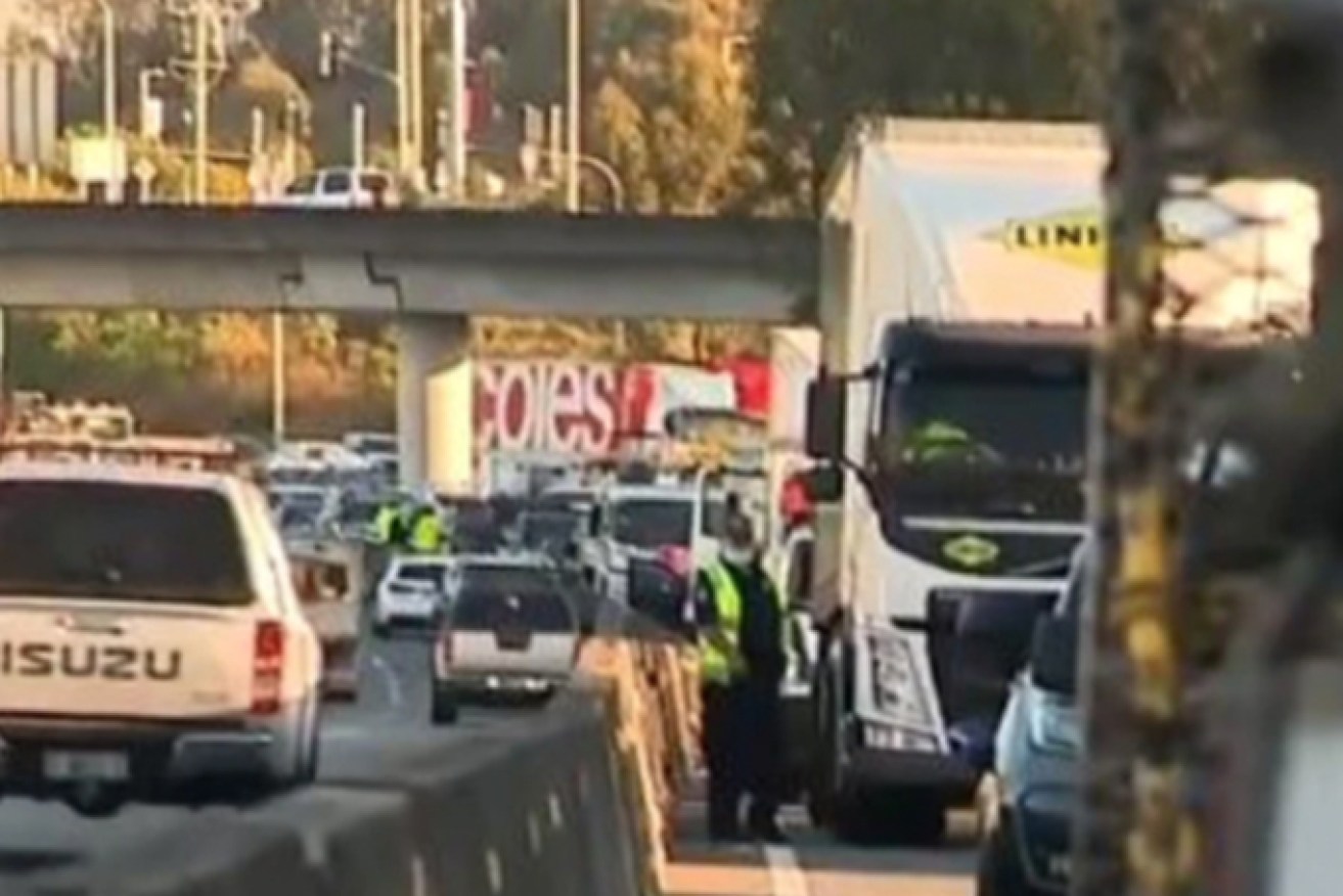 Traffic banks up on the M1 after two trucks blocked southbound lanes to protest vaccination mandates (Image: Channel 9).