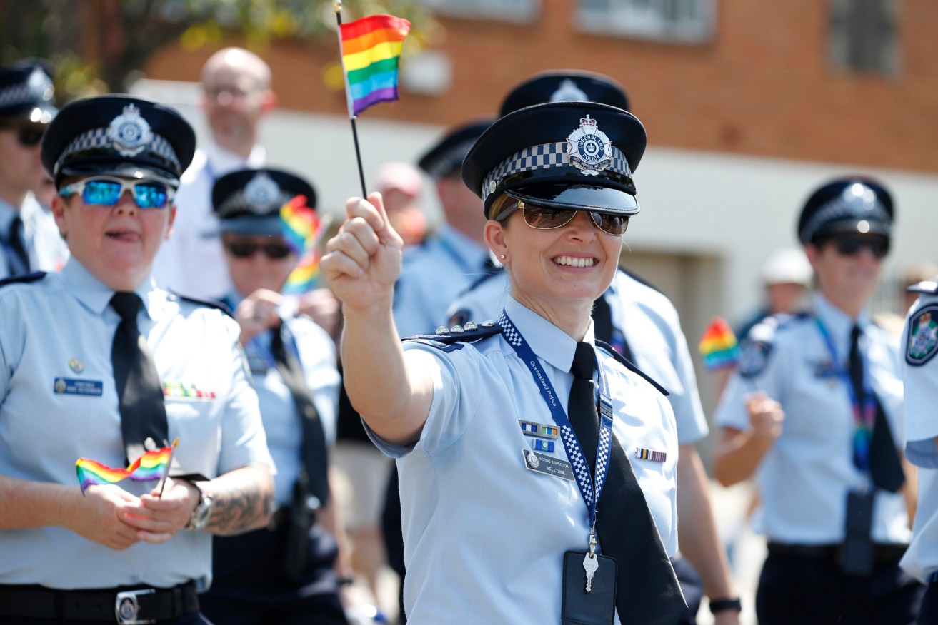 The Queensland Police contingent at the Pride Festival Rally in Brisbane in 2017.. (AAP Image/Regi Varghese)