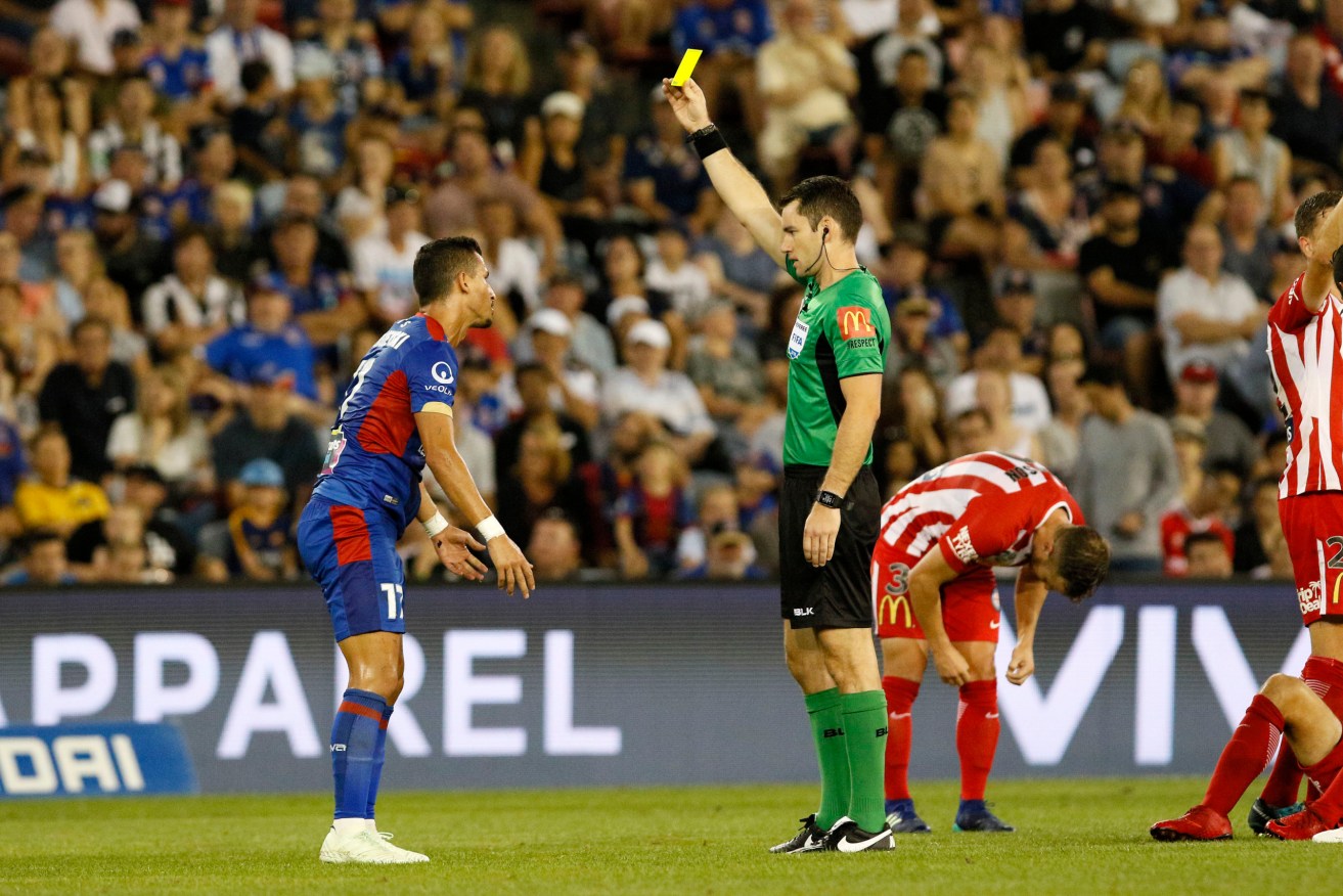Referee Jarred Gillett officiating during the Round 25 A-League match between the Newcastle Jets and Melbourne City in 2018. (AAP Image/Darren Pateman) 