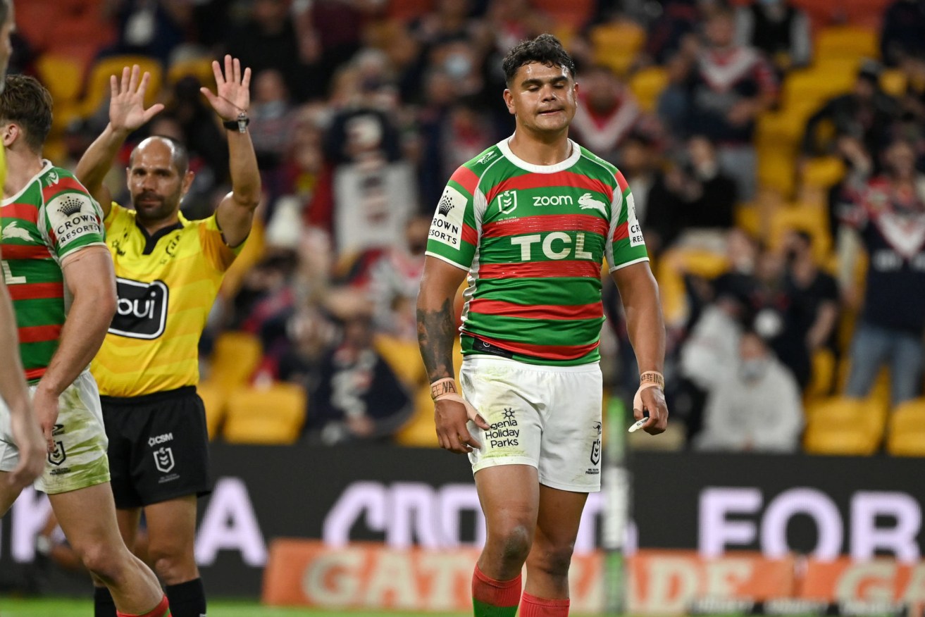 Rabbitohs player Latrell Mitchell is sent to the Bin following a high tackle on Joseph Manu of the Roosters last weekend. (AAP Image/Supplied by NRL Photos, Grant Trouville) 