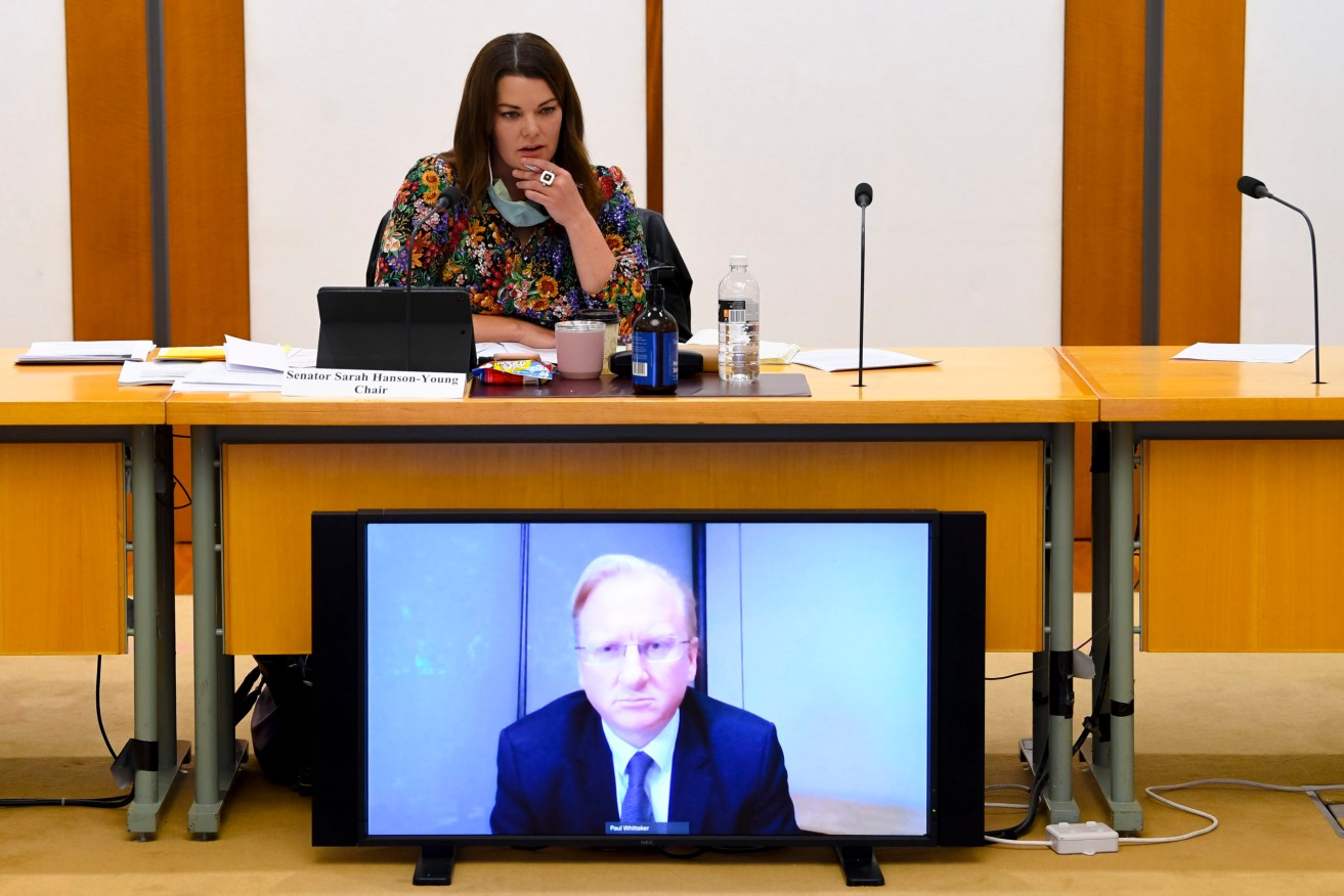 Australian Greens Senator Sarah Hanson-Young speaks to Sky News Australia CEO Paul Whittaker during a Senate inquiry at Parliament House in Canberra, Monday, September 06, 2021. (AAP Image/Lukas Coch) NO ARCHIVING