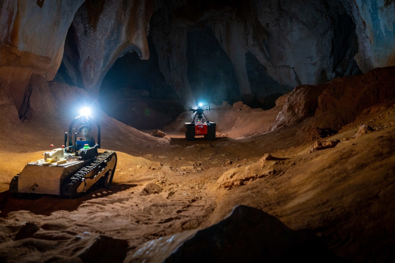 A supplied undated image shows a CSIRO-developed robot during a subterranean training session in 2020. (AAP Image/Supplied by CSIRO) 