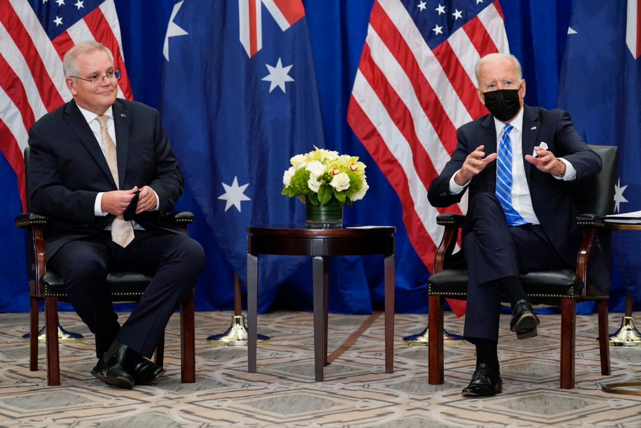 President Joe Biden meets with Australian Prime Minister Scott Morrison at the Intercontinental Barclay Hotel during the United Nations General Assembly in New York. (AP Photo/Evan Vucci)