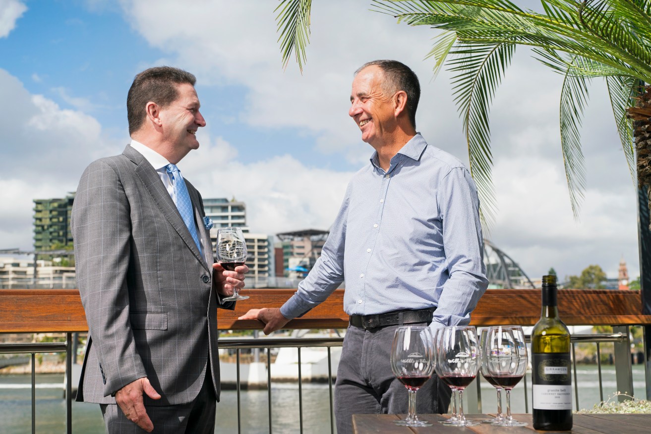  Treasury Brisbane Chief Operating Officer Kelvin Dodt with award-winning winemaker Steve Messiter of Girraween Wines.(Photo: Supplied)