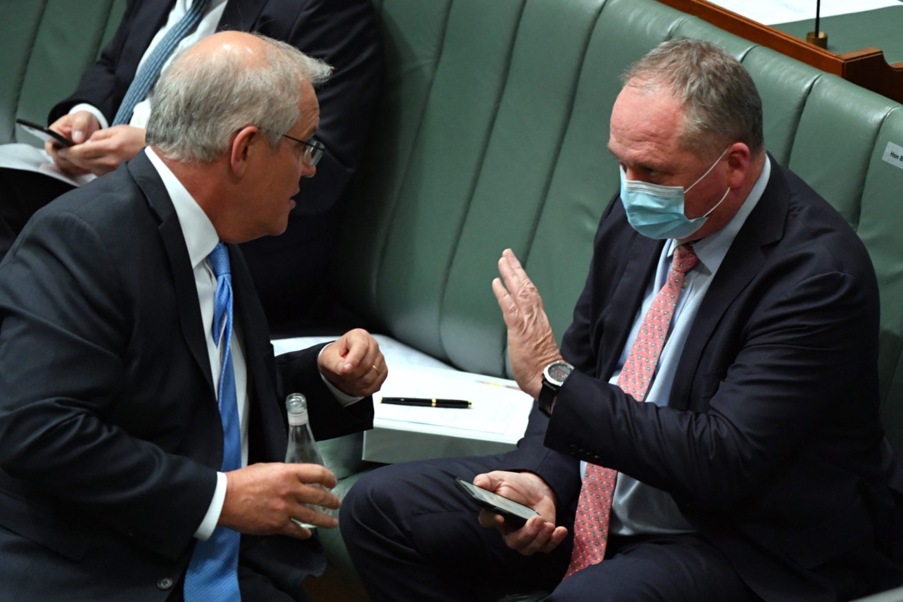 Prime Minister Scott Morrison and Deputy Prime Minister Barnaby Joyce during Question Time in the House of Representatives at Parliament House in Canberra, Tuesday, October 19, 2021. (AAP Image/Mick Tsikas) NO ARCHIVING