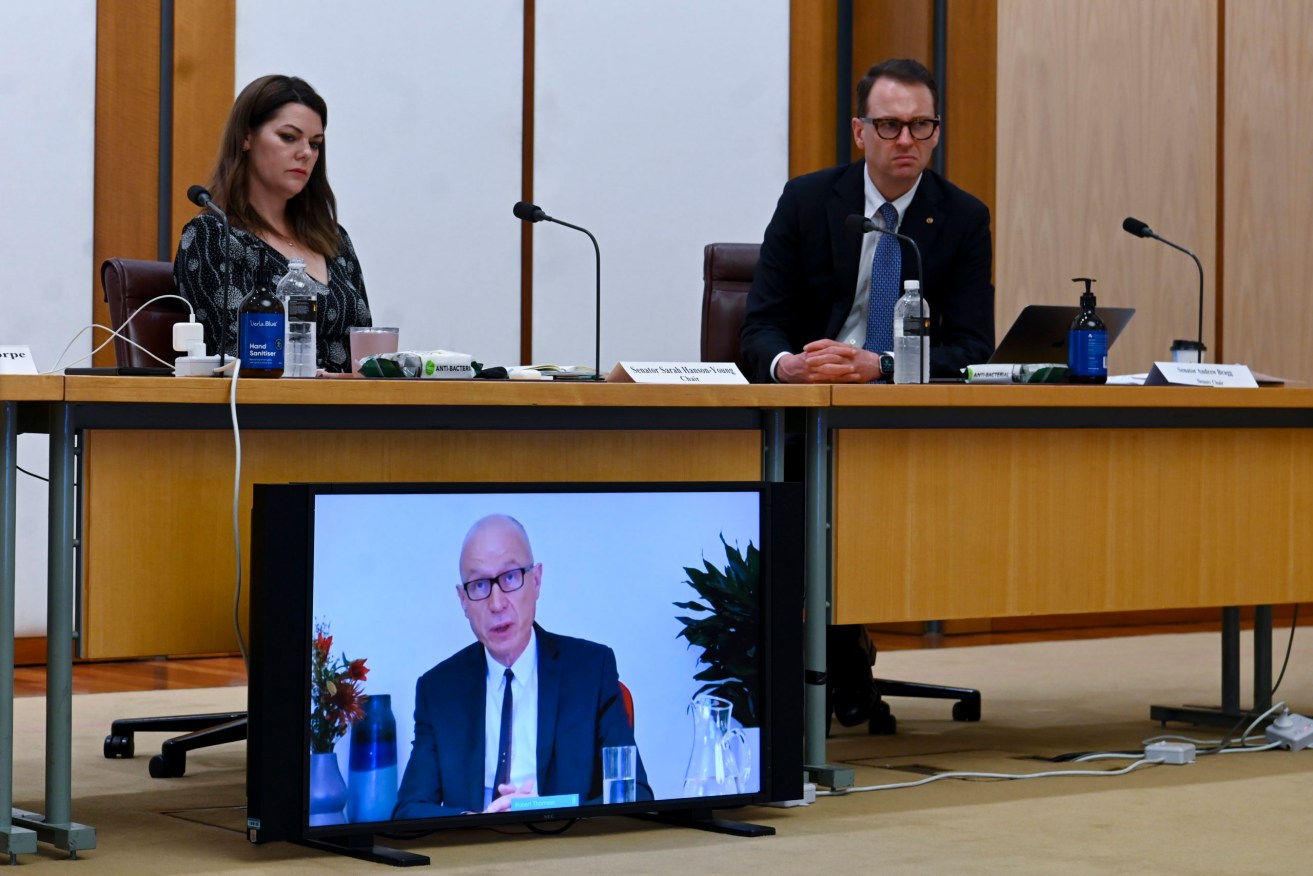 CEO of News Corp Robert Thomson appears via video link during an inquiry into the state of media diversity, independence and reliability in Australia. (AAP Image/Lukas Coch) 