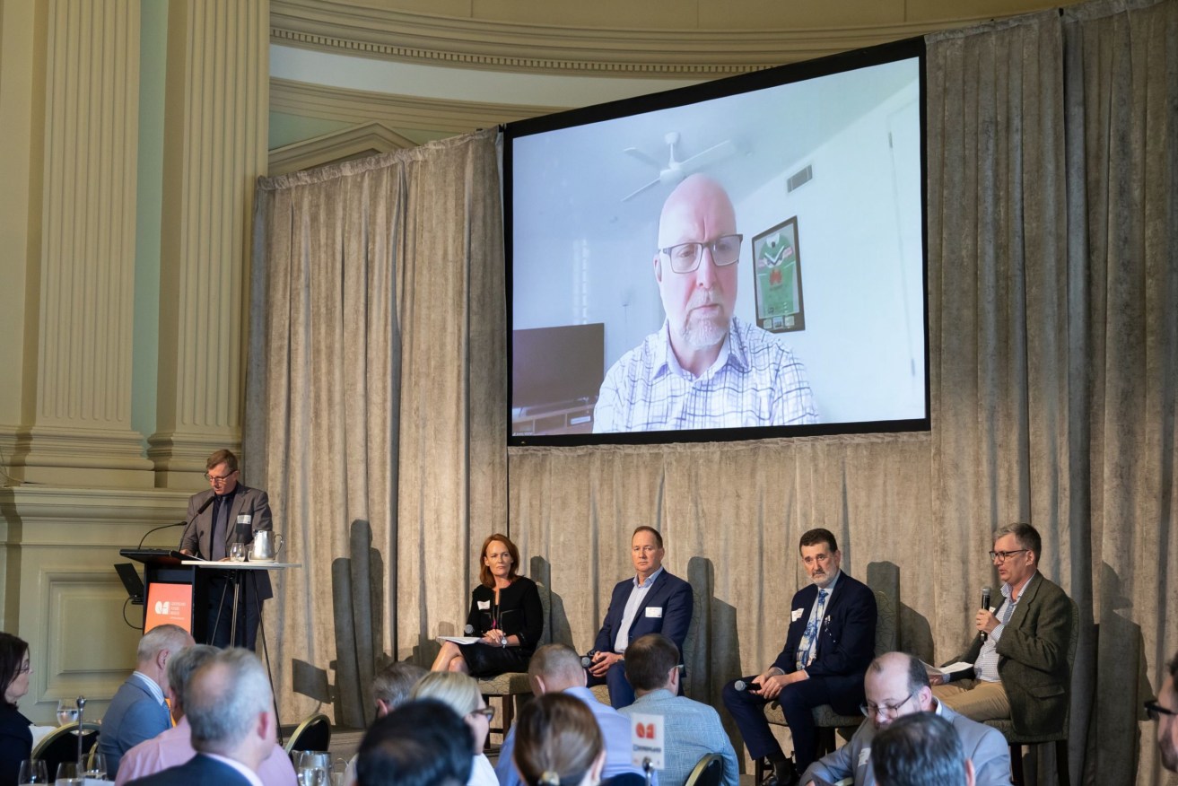 The Queensland Futures Institute panel in action, from left: Karina Collins, Gaven Nicholls, Andrew Spina, Duncan Unwin and Jeremy Mitchell via video.