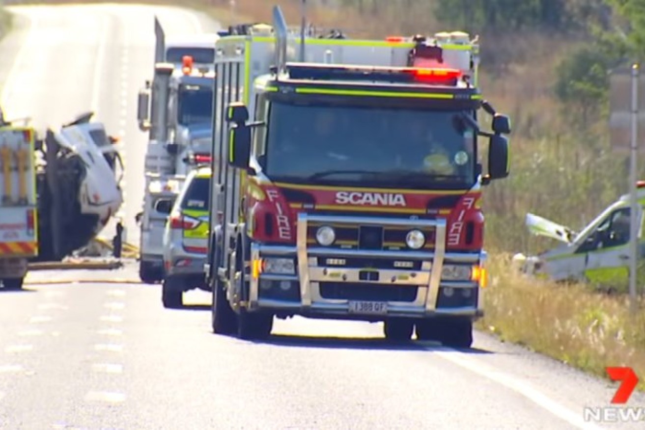 Emergency vehicles at the scene of the double-fatal crash on the Capricornia Highway in Stanwell. IMAGE:7 NEWS CENTRAL QUEENSLAND - FACEBOOK