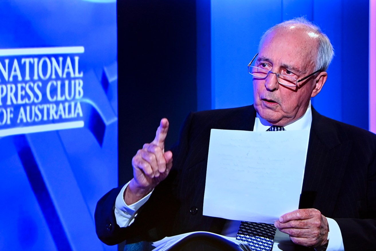 Former prime minister Paul Keating appears virtually to address the National Press Club. (AAP Image/Lukas Coch) 