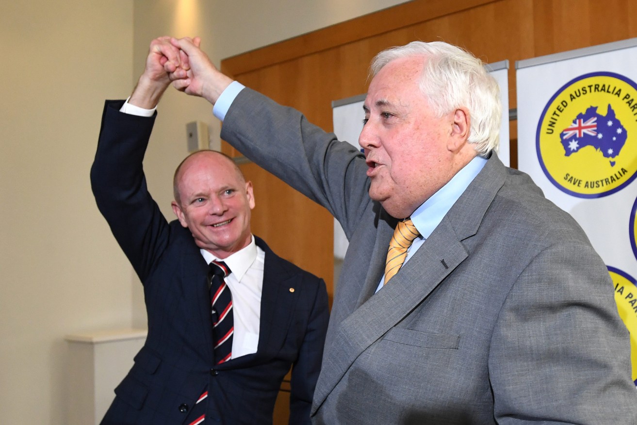 Liberal Democrats Senate candidate Campbell Newman (left) and United Australia Party Leader Clive Palmer (right) have announced their respective parties will exchange preferences at the next Federal Election. (AAP Image/Darren England)