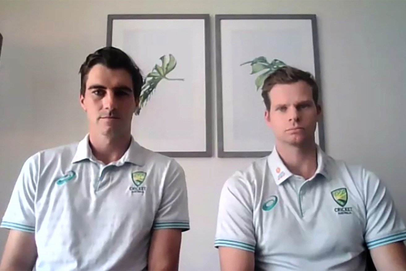 Pat Cummins (left) and Steve Smith during a ZOOM press conference after they were named as captain and vice-captain of the Australian Test team(AAP Image/Supplied by Cricket Australia)