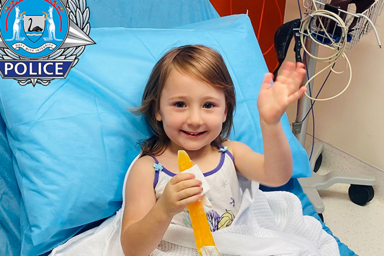 Four-year-old Cleo Smith recovers in hospital after being alive and well by West Australian police.  (AAP Image/Supplied by WA POLICE) 