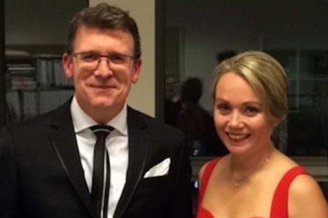 Minister Alan Tudge with former and one-time lover Rachelle Miller at a Parliament House function. Miller alleges she suffered mental and physical abuse during their year-long affair. (Image: ABC).