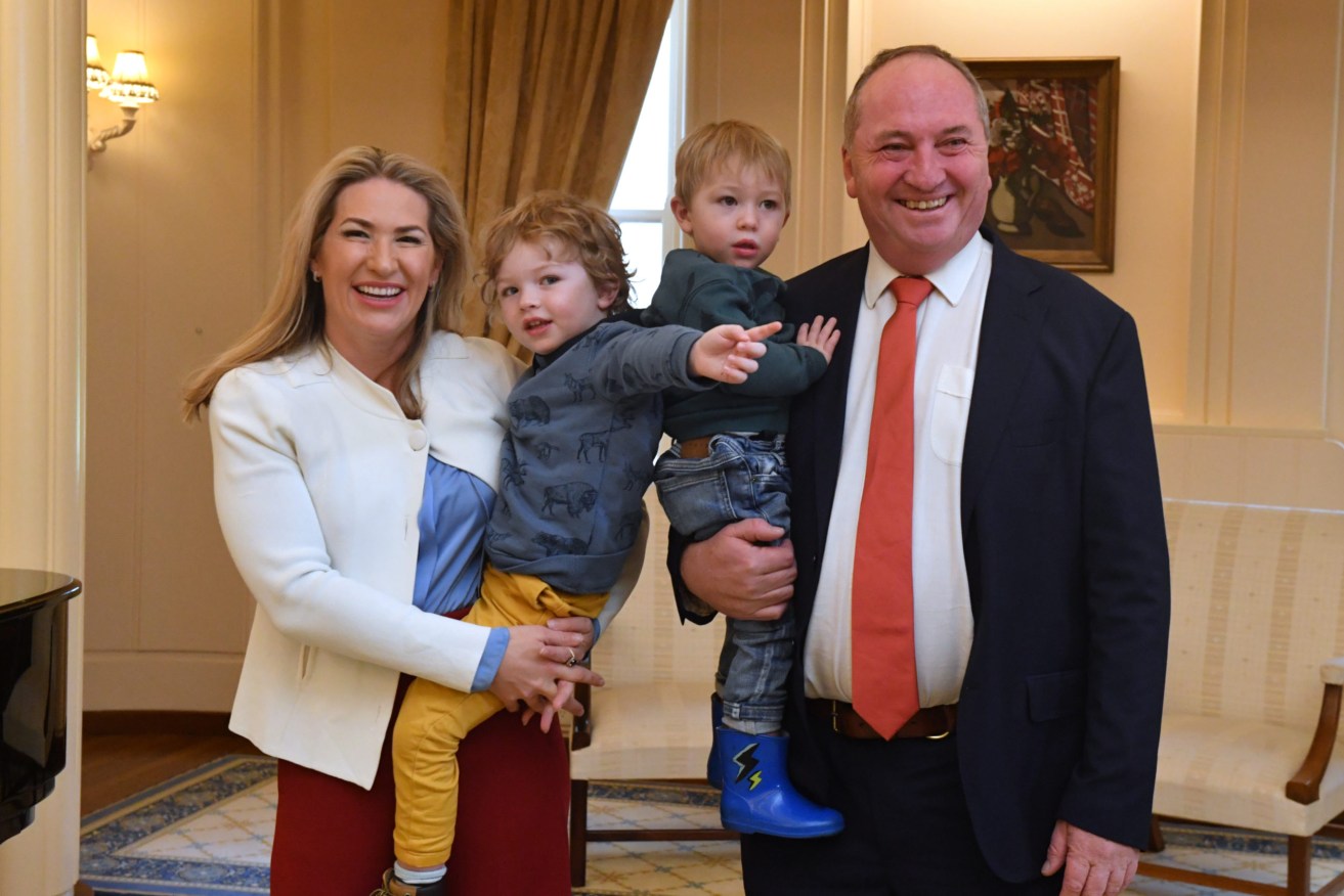 Nationals leader and Deputy Prime Minister Barnaby Joyce, partner Vikki Campion with children Sebastian (L) and Thomas after a swearing-in ceremony at Government House in Canberra. (AAP Image/Mick Tsikas) 