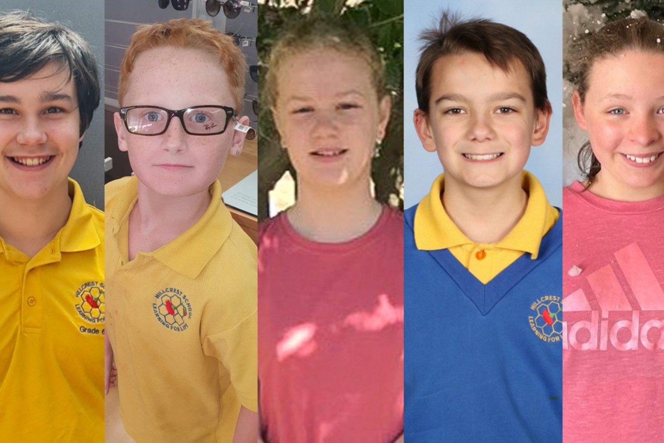 A supplied image shows (L-R) Zane Mellor, 12, Peter Dodt, 12, Addison Stewart, 11, Jye Sheehan, 12 and Jalailah Jayne-Marie Jones, 12, who have been identified by police, with permission from family, as the five children tragically killed in a jumping castle accident at a primary school in northwest Tasmania. (AAP Images/Supplied by Tasmania Police) 