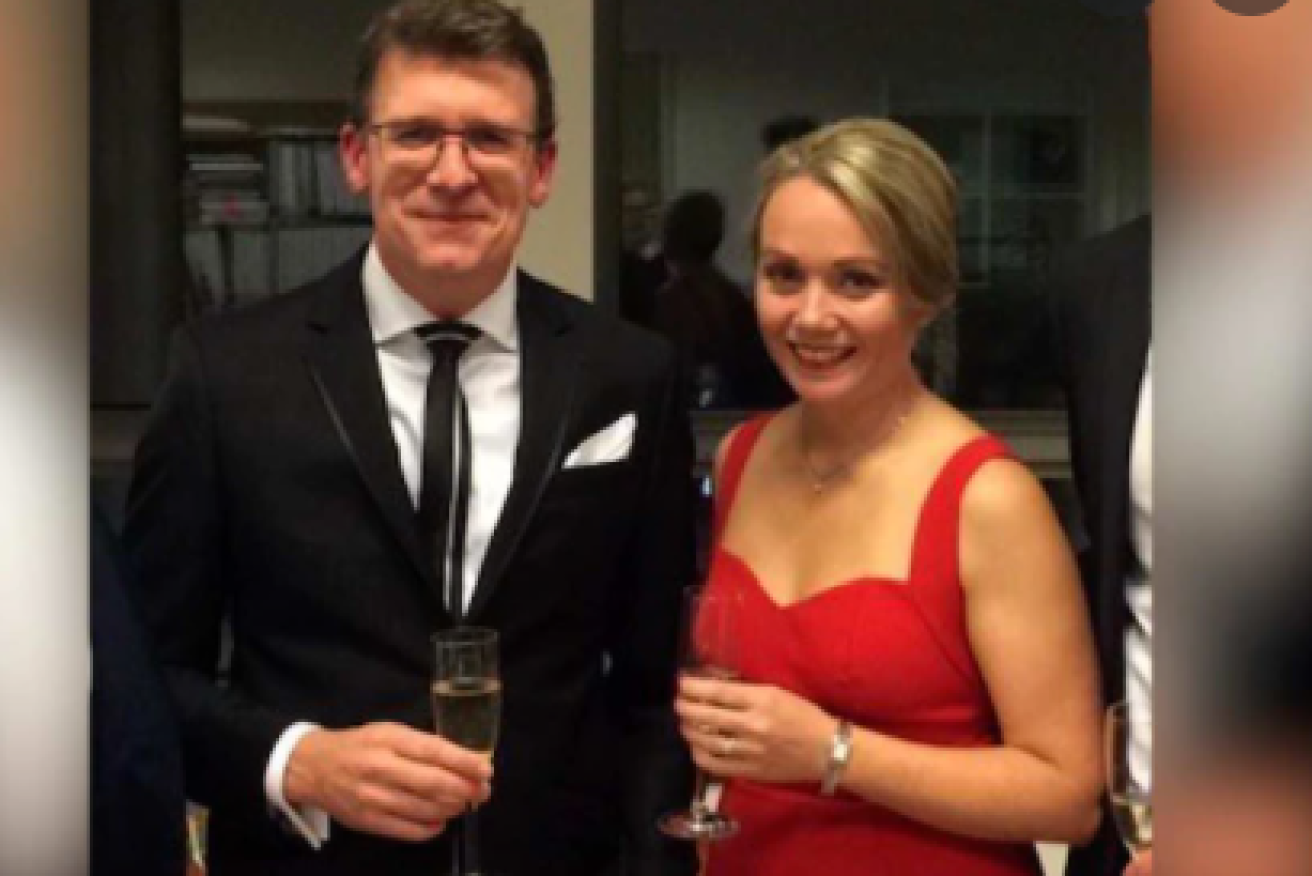 Minister Alan Tudge with former staffer and one-time lover Rachelle Miller at a Parliament House function. Both are giving evidence to the Robodebt Royal Commission. (ABC image).