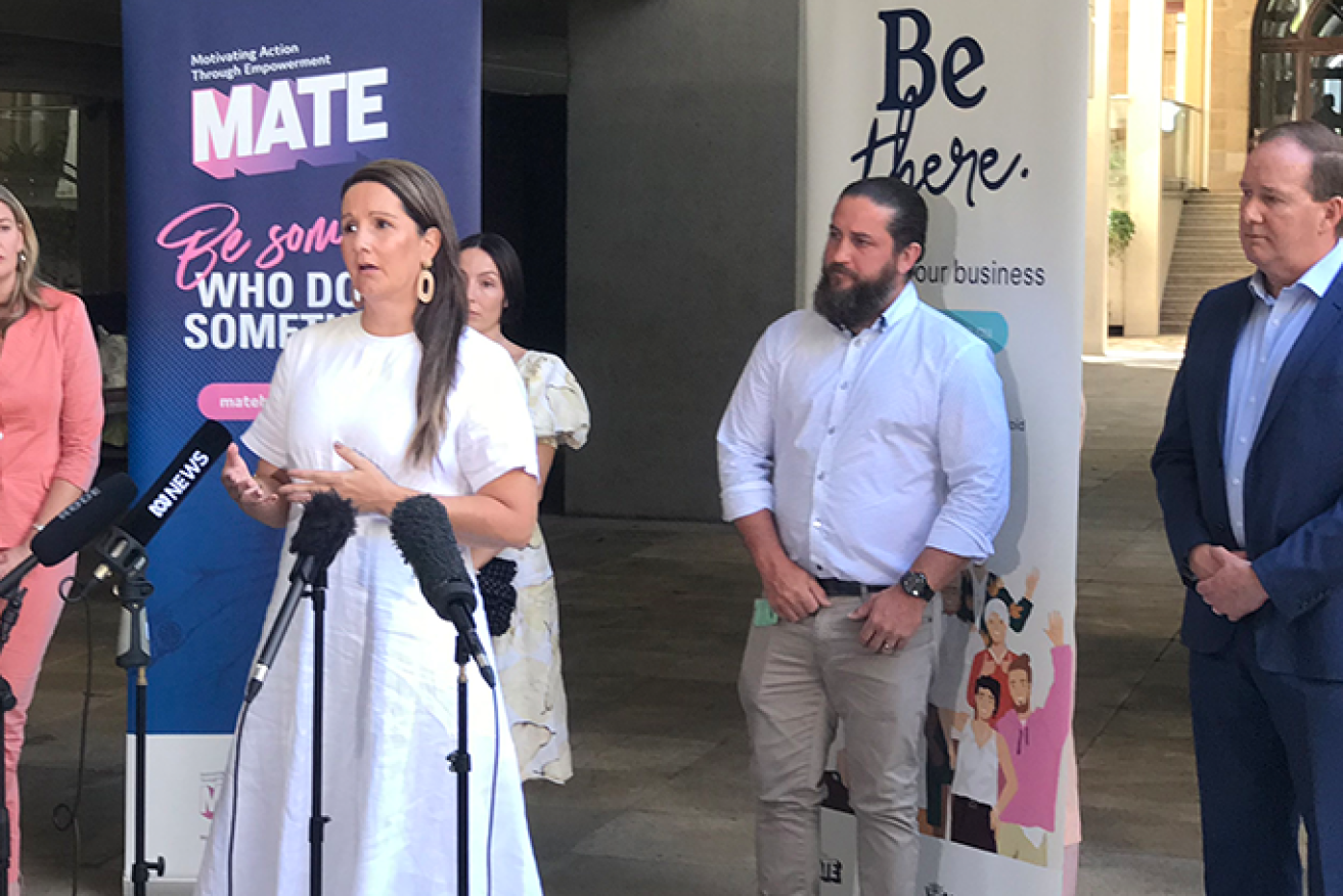 MATE Bystander Director Shaan Ross-Smith with Queensland Attorney-General and Minister for the Prevention of Domestic and Family Violence Shannon Fentiman, MATE Ambassador Rhys Carroll and Telstra representative Gaven Nicholls. (Image: Griffith University)
