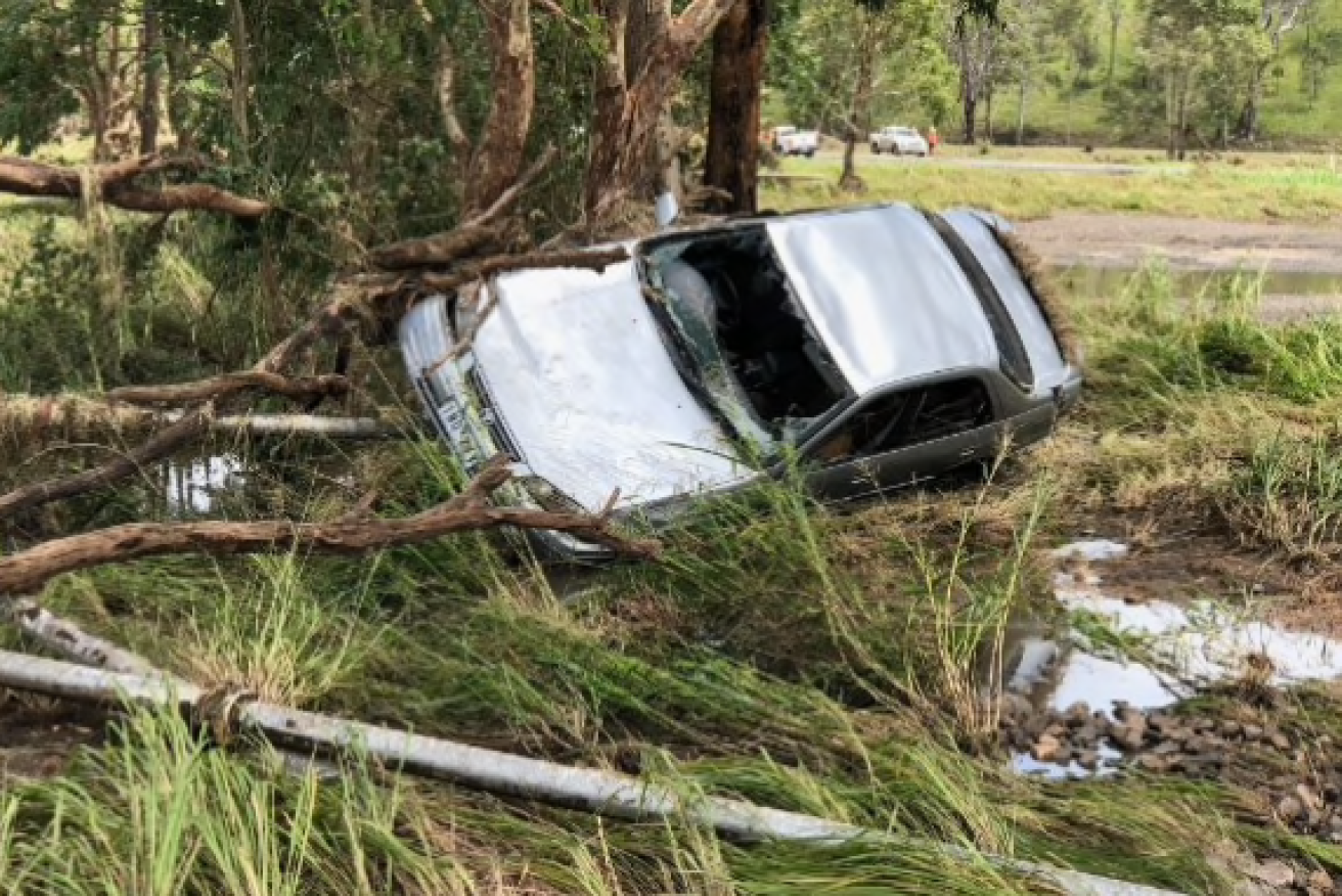 The car from which 14-year-old Krystal Cain was washed away in floodwaters near Booubyjan on Saturday morning. Photo: ABC (supplied).