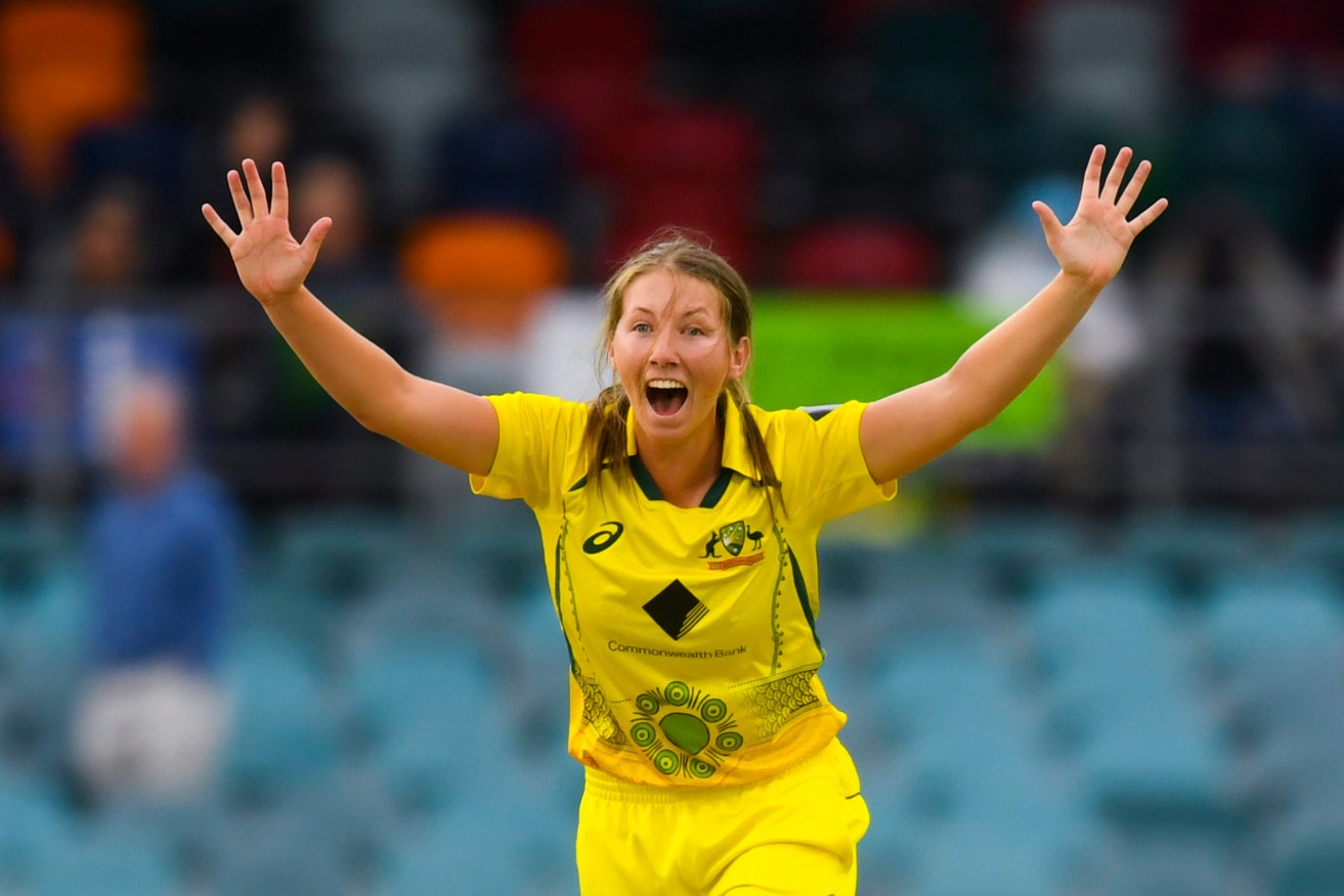 Darcie Brown of Australia celebrates after dismissing Heather Knight of England for a golden duck during the First Women’s One Day International (ODI) Ashes Match between Australia and England (AAP Image/Lukas Coch)