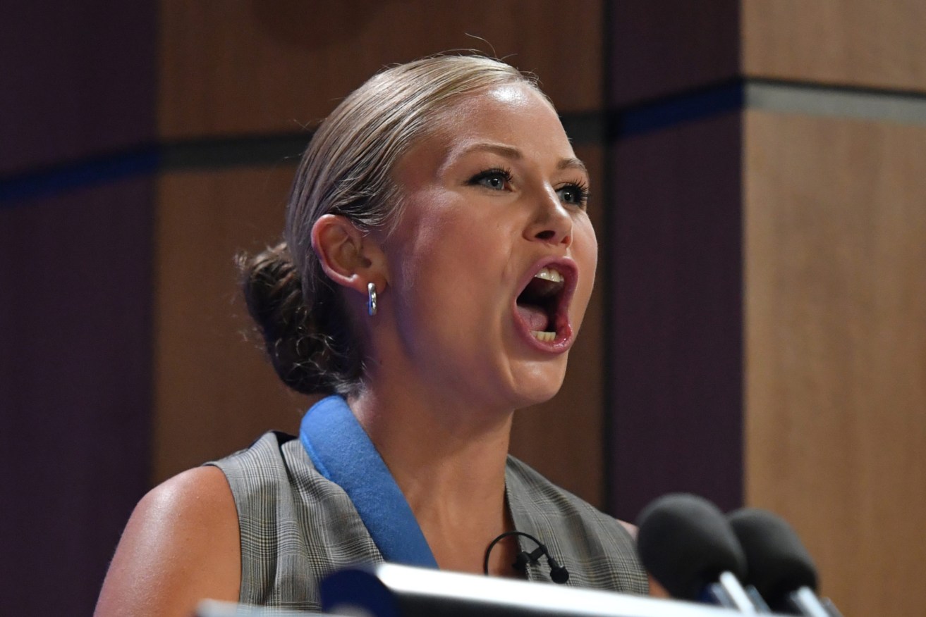 2021 Australian of the Year Grace Tame at the National Press Club in Canberra. (AAP Image/Mick Tsikas)