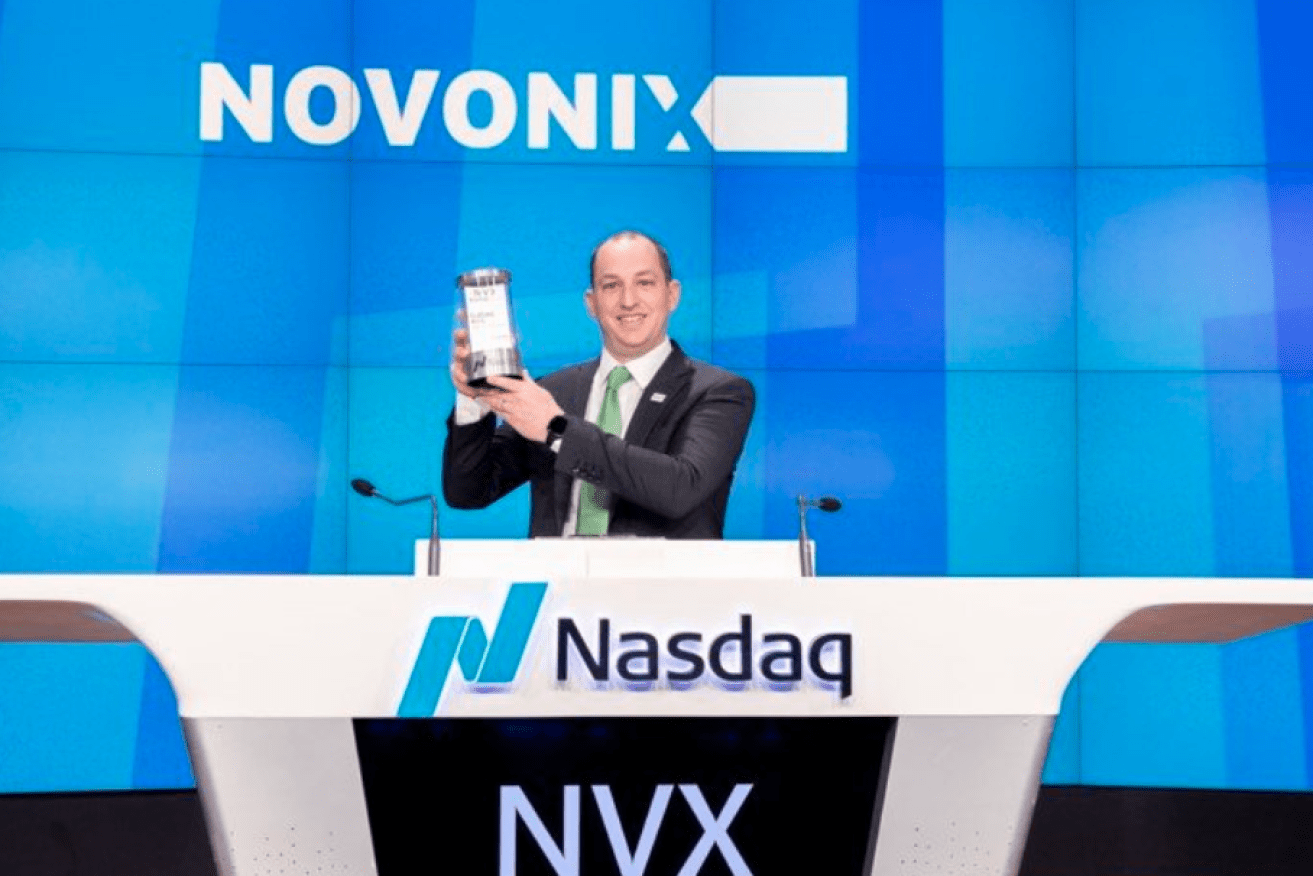 Novonix chief execeutive Chris Burns as the company rang the bell on the Nasdaq. (Image supplied)