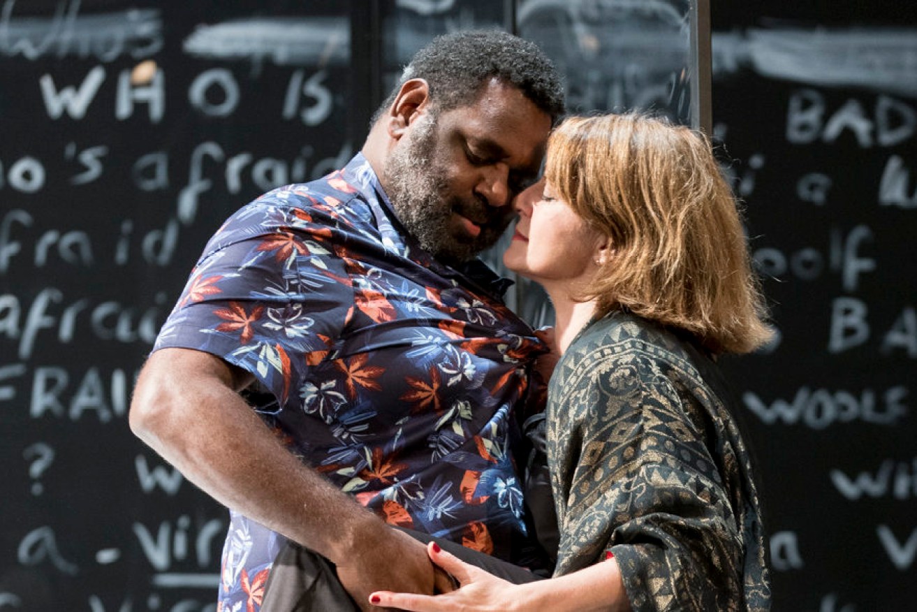 Jimi Bani and Susan Prior in the racially-charged rendition of theatre classic Who's Afraid of Virginia Woolf? (Image: Supplied)