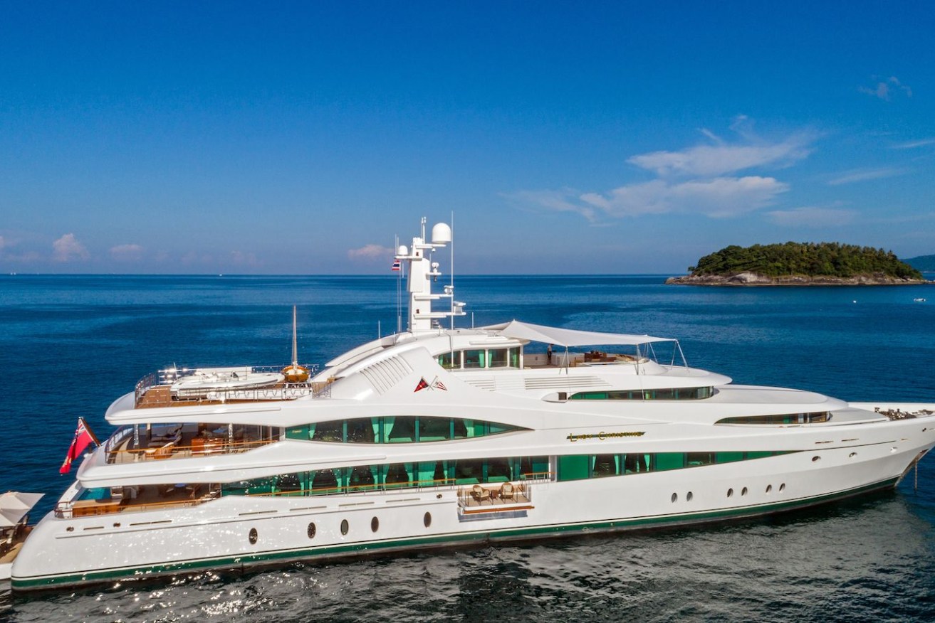 The 68-metre Lady Christine superyacht, worth $82 million, that’s been in Queensland for a multi-million dollar facelift at the Gold Coast marine precinct. It’s understood to be being used by George Clooney and Julia Roberts for their latest blockbuster being filmed in Queensland. (Image: supplied)