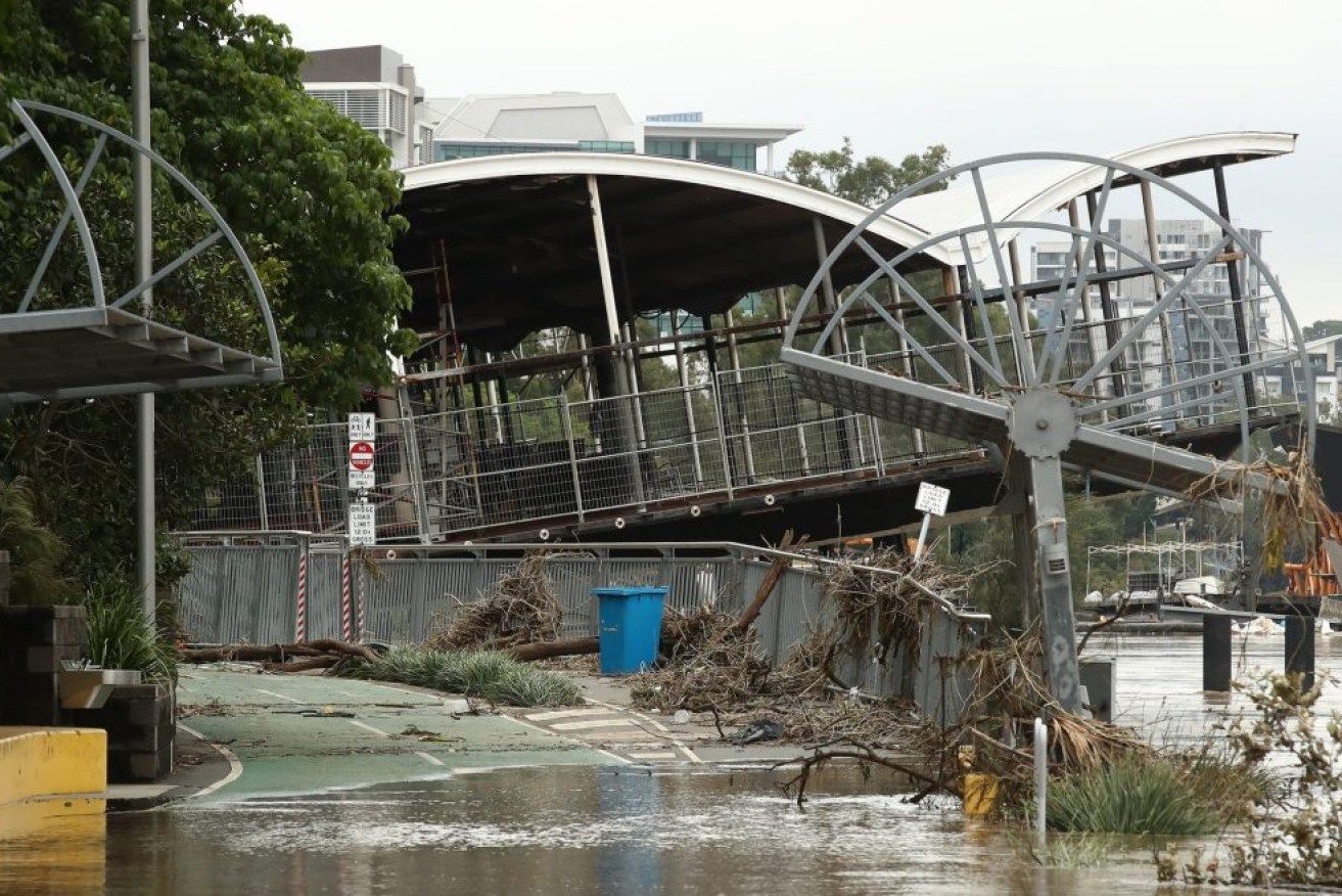 The remnants of Drift Restaurant resting on the Bicentennial Bikeway in the aftermath of the March 2022 flood. (AAP Image/Jono Searle) 