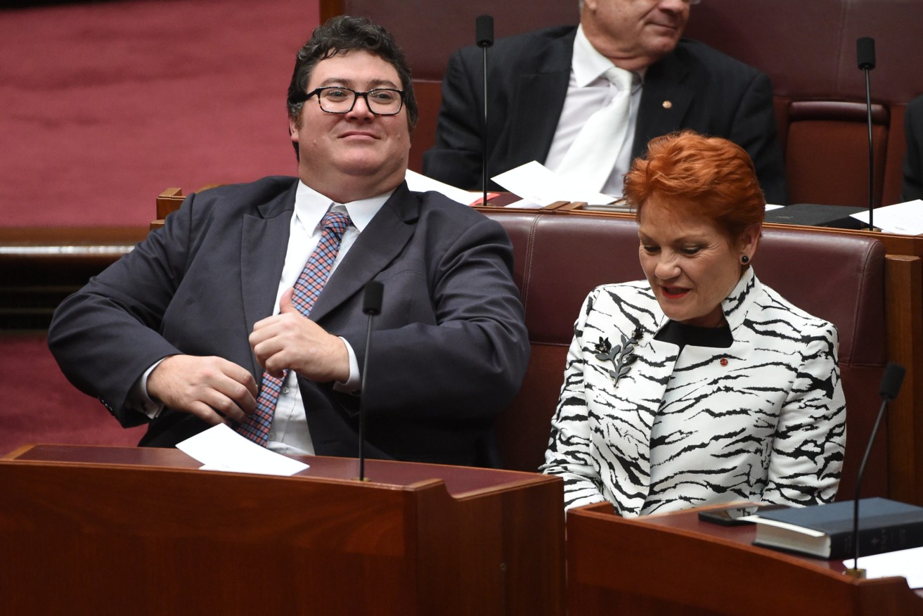 Former Liberal member for Dawson George Christensen and One Nation leader Senator Pauline Hanson in the Senate marking the start of the 45th Parliament. (AAP Image/Mick Tsikas) 