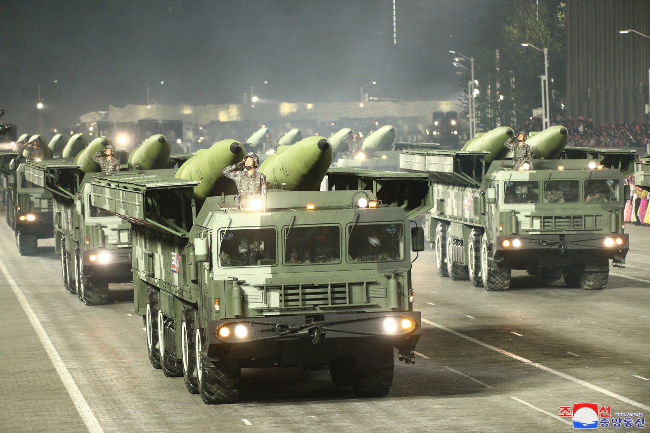 A photo released by the official North Korean Central News Agency (KCNA) shows missiles and missile transport vehicles displayed in a military parade held to celebrate the the 90th founding anniversary of the Korean People's Revolutionary Army (KPRA)  EPA/KCNA   