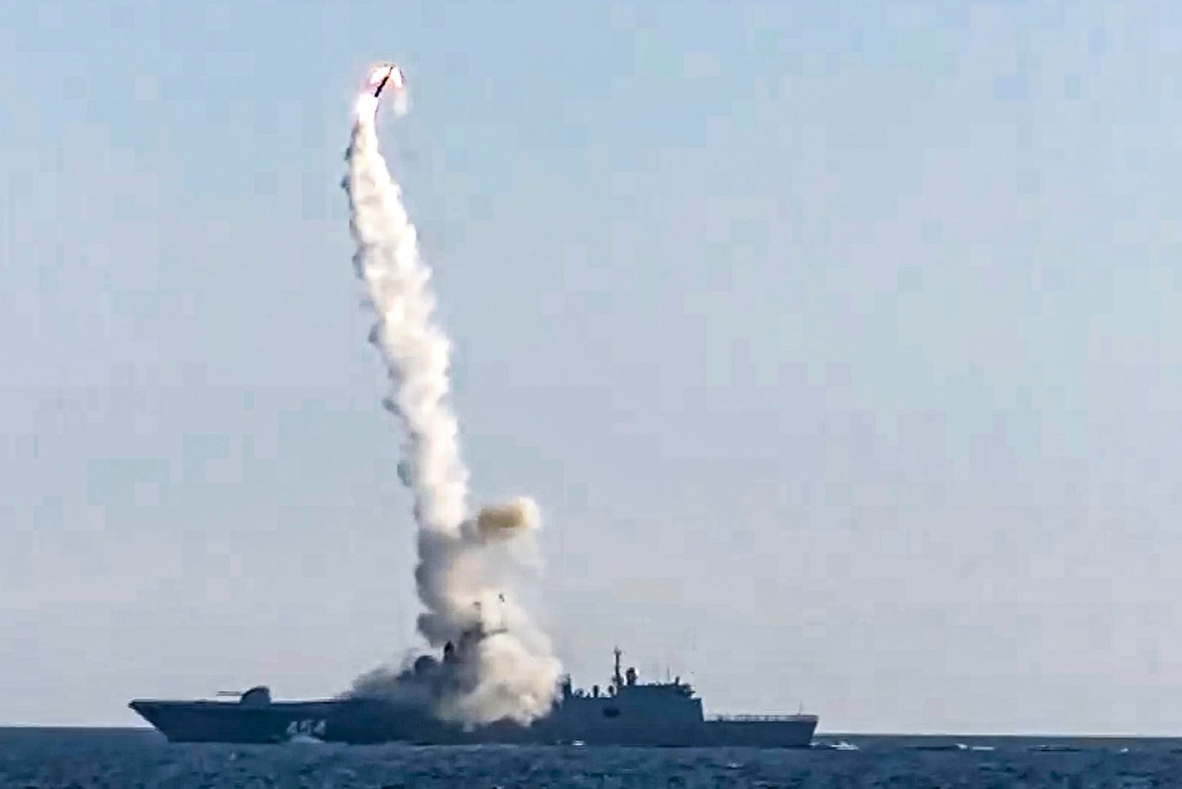A new Zircon hypersonic cruise missile is launched by the frigate Admiral Gorshkov of the Russian navy from the White Sea, in the north of Russia.  (Russian Defense Ministry Press Service via AP, File)