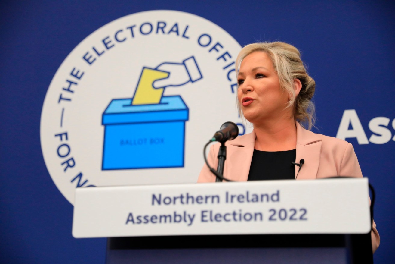 Sinn Fein's Michelle O'Neill speaks after topping the poll at the Medow Bank election count centre in Magherafelt , Northern Ireland. (AP Photo/Peter Morrison)