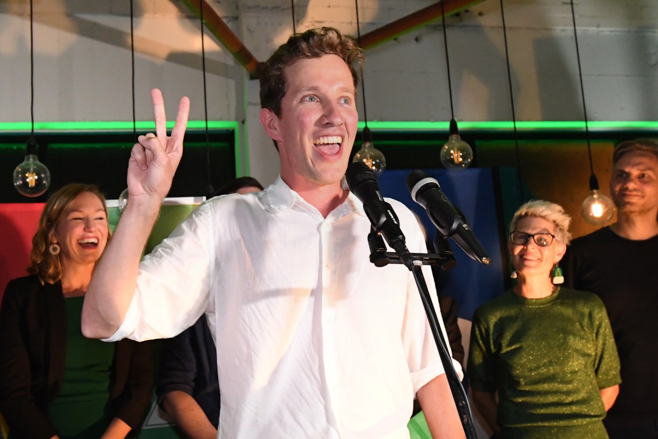 Greens  Member for Griffith Max Chandler-Mather, pictured on election night. (AAP Image/Darren England) 