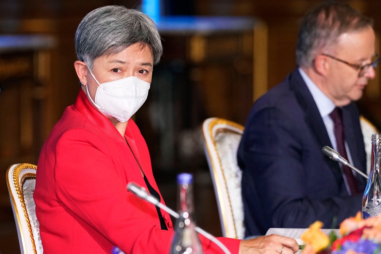 Foreign Minister Penny Wong, pictured with Prime Minister Anthony Albanese, at a meeting with Japanese Prime Minister Fumio Kishida. (The Yomiuri Shimbun via AP Images )