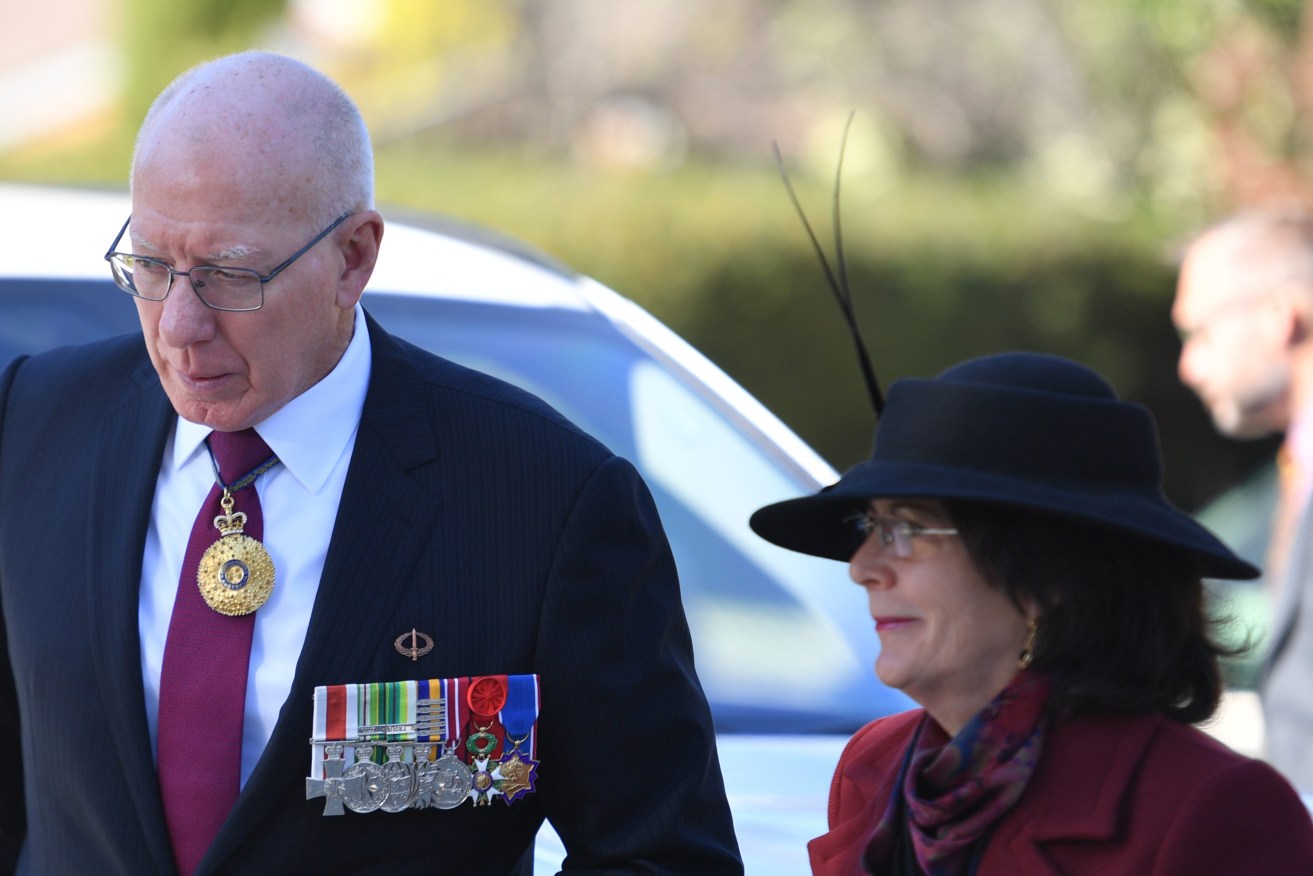 Governor-General David Hurley and wife Linda Hurley arrive for a commemorative ANZAC service at the Sir Leslie Morshead Manor, El Alamein Village in Canberra in Canberra, Friday, April 16, 2021. (AAP Image/Mick Tsikas) NO ARCHIVING