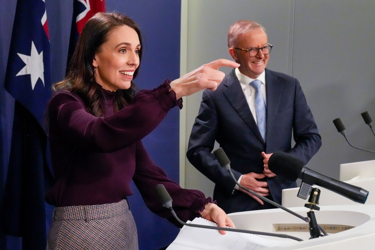 New Zealand Prime Minister Jacinda Ardern, left, gestures with Australian Prime Minister Anthony Albanese during a joint press conference in Sydney. (AP Photo/Mark Baker)