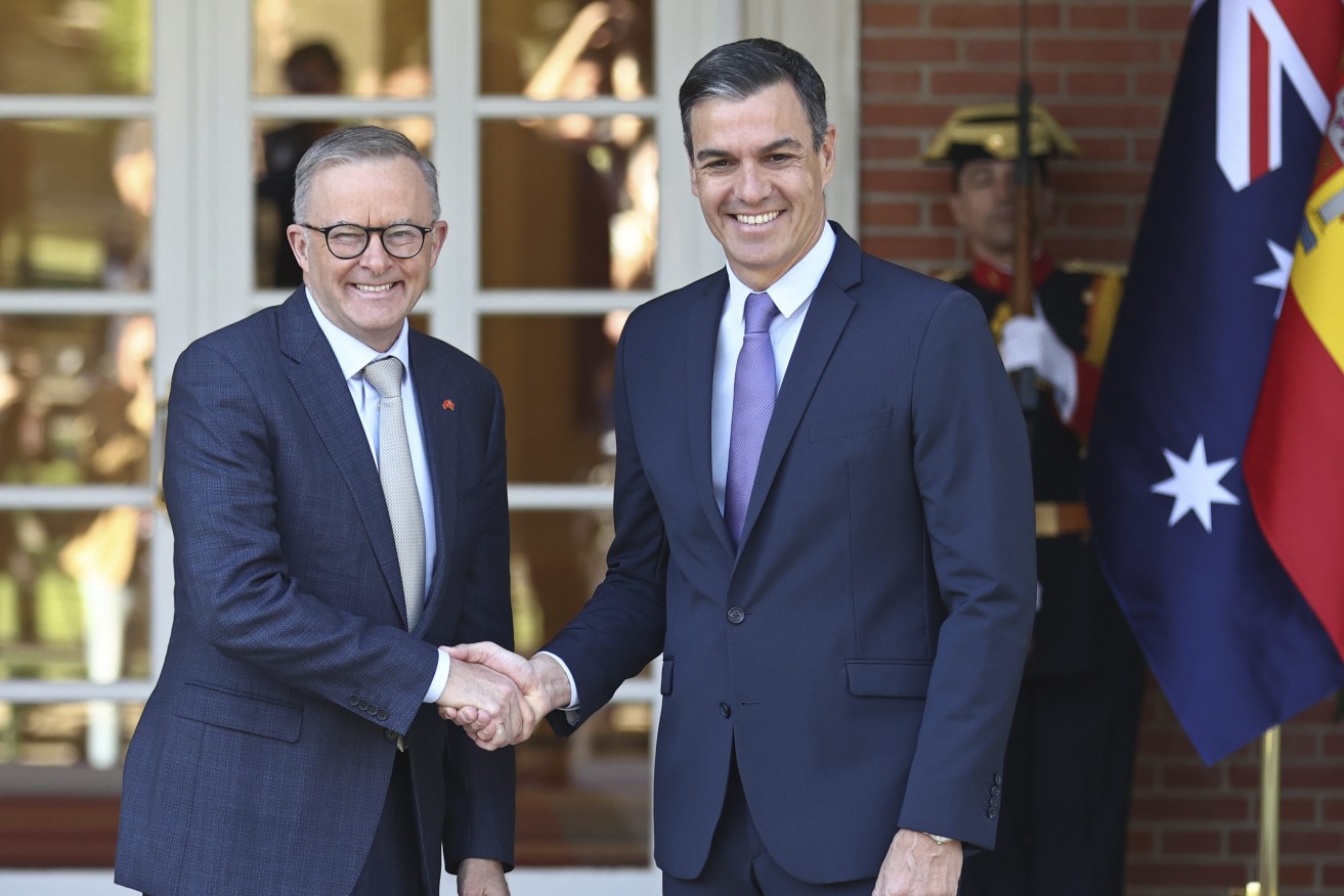 Australia's Prime Minister Anthony Albanese, left, shakes hands with Spain's Premier Pedro Sanchez before a meeting at the Moncloa Palace in Madrid, Spain, Tuesday. (Eduardo Parra/Europa Press via AP)