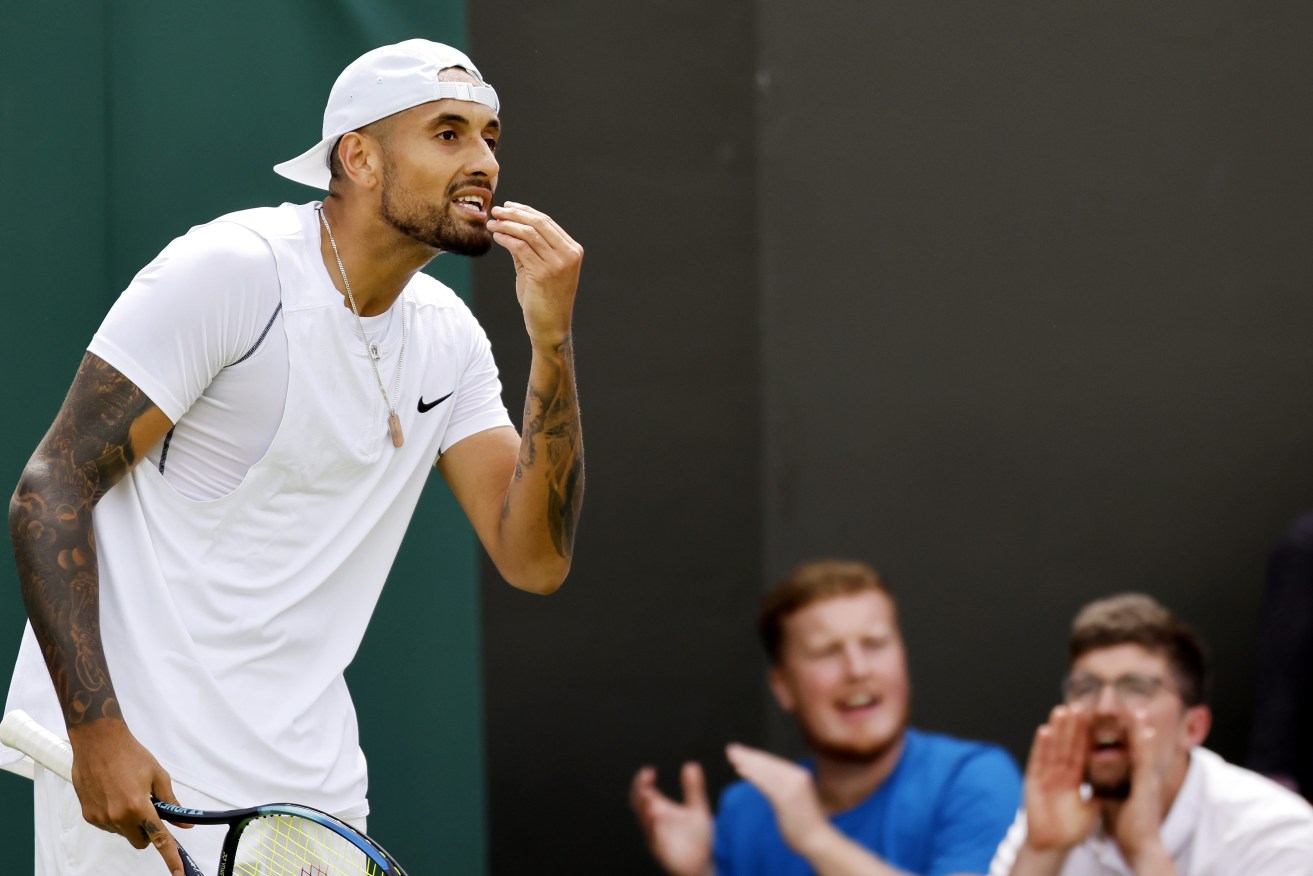 Nick Kyrgios of Australia gestures in the men's first round match against Paul Jubb of Great Britain at the Wimbledon Championships, in Wimbledon, Britain, 28 June 2022.  EPA/TOLGA AKMEN   
