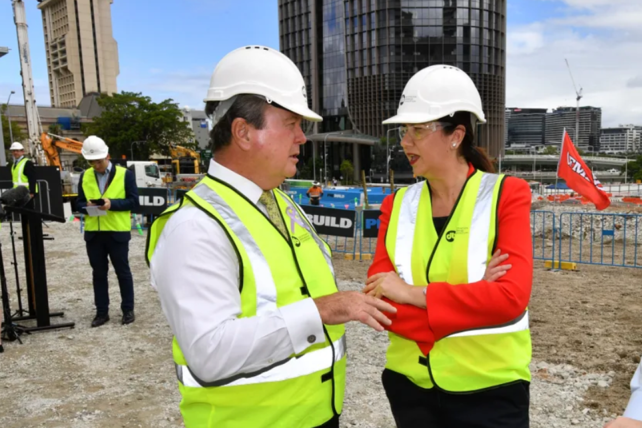 Former Star Entertainment Executive Director John O'Neill, pictured with Premier Anastacia Palaszczuk at the Queen's Wharf construction site. (AAP Photo).