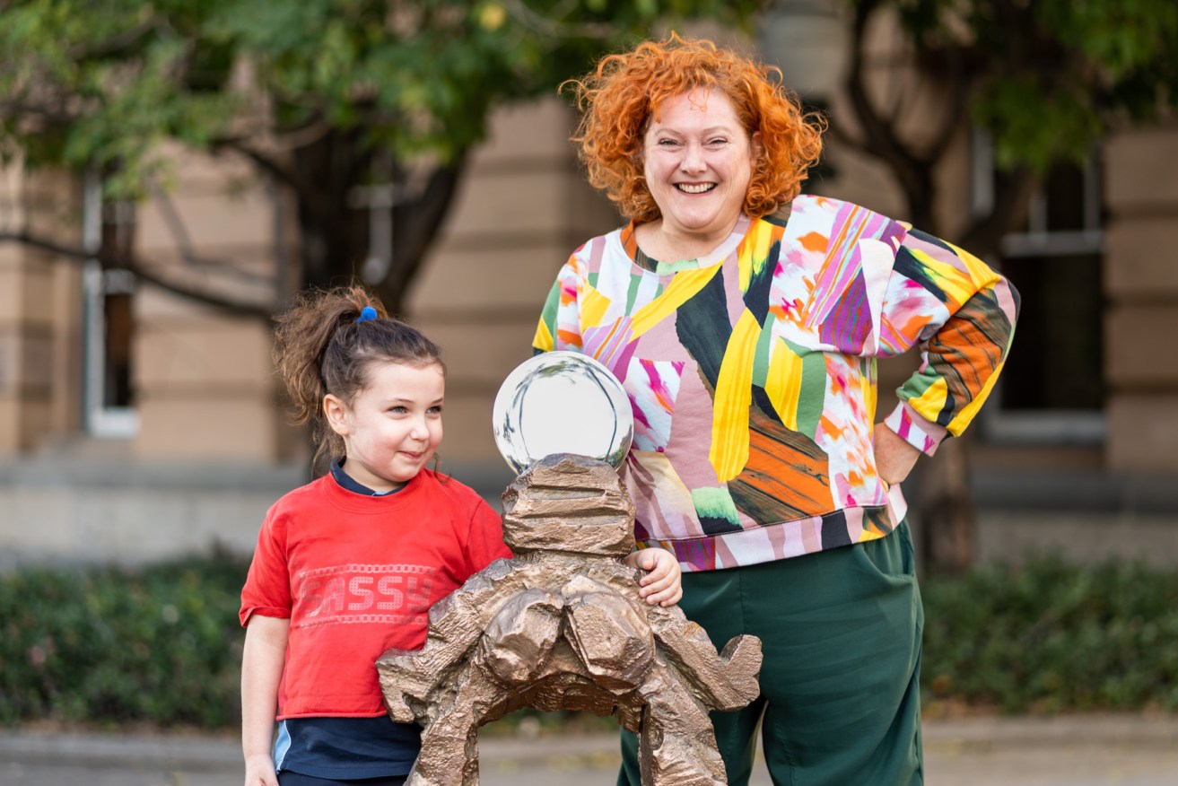 Artist Justene Williams and her daughter Honore with a model of Sheila. (Image:  Louis Lim)