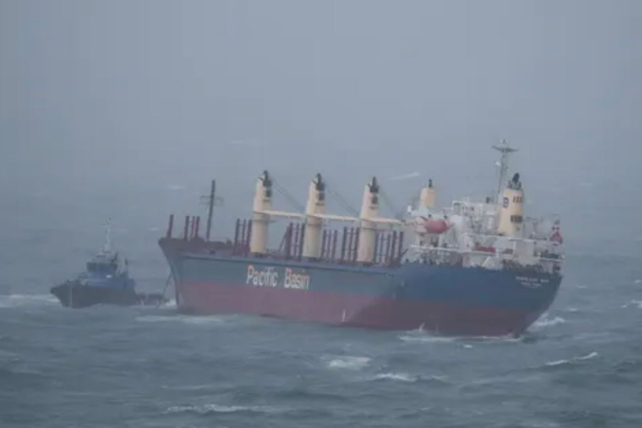 The stricken cargo ship Portland Bay is now safely anchored off the NSW coast. (Image: Channel 9).