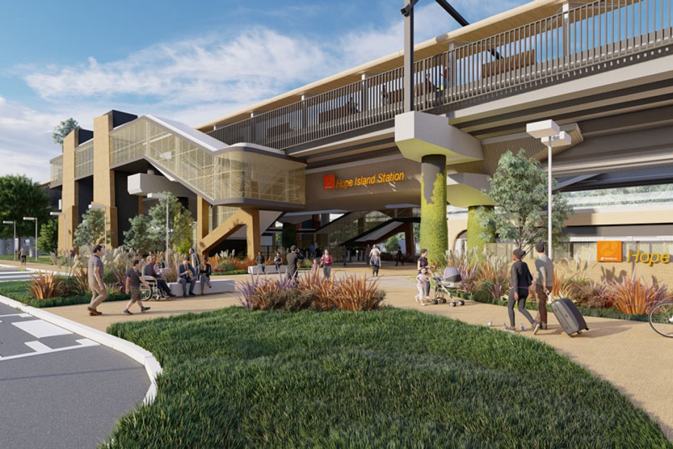 An artist's impression of the new Hope Island rail station planned to be built in time for the Brisbane 2032 Olympics. (Image: TMR)