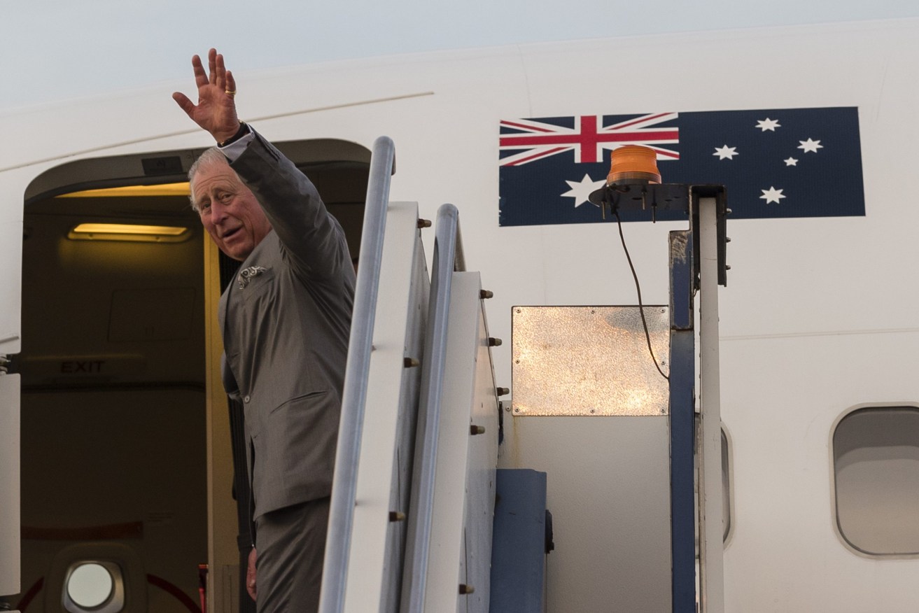 Prince Charles, Prince of Wales, from the RAAF Military base in Darwin, Northern Territory, Tuesday, April 10, 2018. He spend a week in Australia to hope the Gold Coast Commonwealth Games. (AAP Image/Getty Images Pool, Brook Mitchell) 