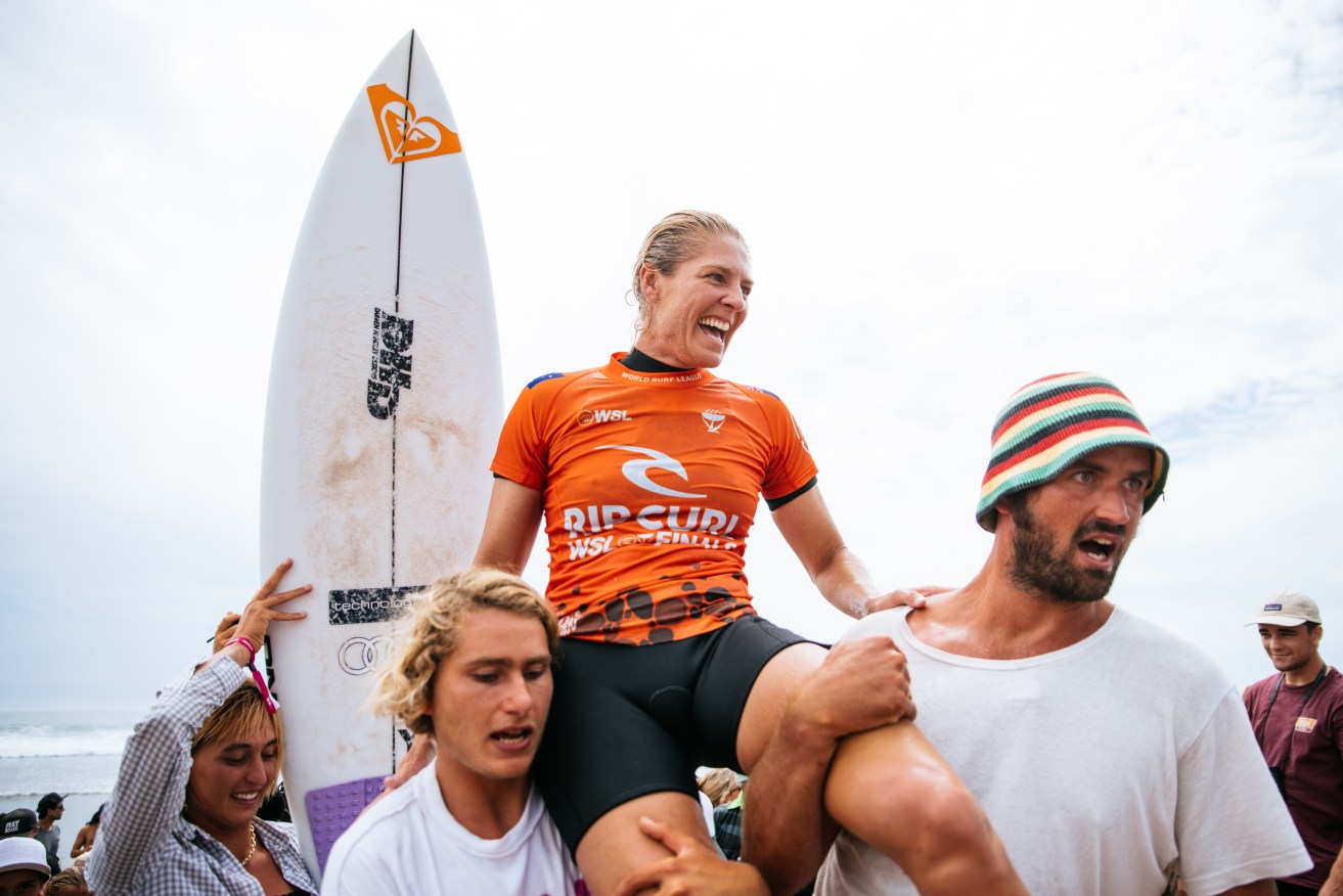 WSL Champion Stephanie Gilmore after winning the World Title at the Rip Curl WSL Finals at San Clemente, California. (AAP Image/Supplied by World Surf League, Beatriz Ryder) 